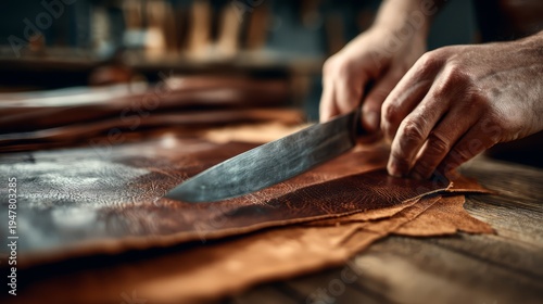 A leather craftsman cutting natural leather sheet.