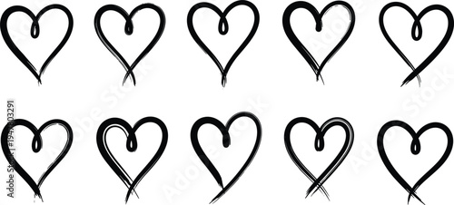 Hand Drawn Heart Doodle Icon Set, Love and Valentine Romantic Symbol Collection, Sketch Style Heart Shapes Black Vector Illustration Pack