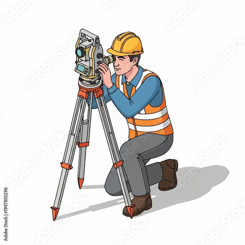 A surveyor in a hard hat and safety vest kneels to operate a theodolite on a tripod, measuring land.