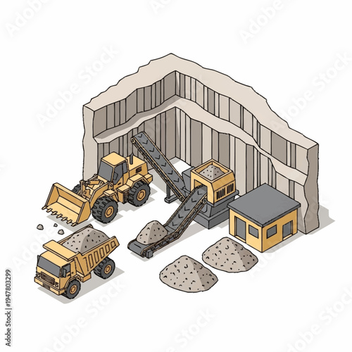 Isometric illustration of a quarry with machinery and piles of gravel.