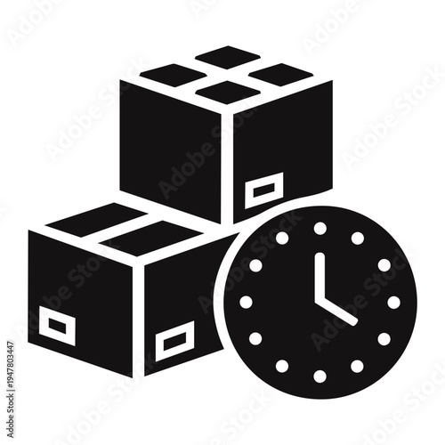 The clock shows time next to stacked cubes with labels.
