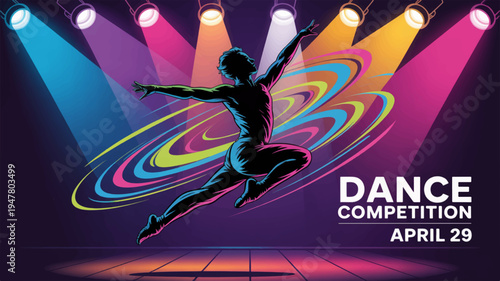 Silhouette of dancer in mid jump on colorful stage with spotlights for dance competition on april 29
