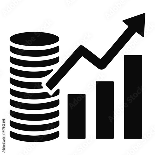 Financial growth and investment success represented by a stacked coin chart with upward trending arrow symbol