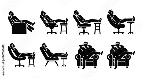 Silhouettes of people relaxing in various modern lounge chairs