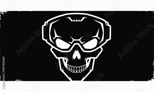 A white skull with glowing eyes on a black background with a menacing expression and sharp teeth
