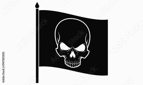 A black flag with a white skull on a pole, symbolizing piracy or danger isolated on white background