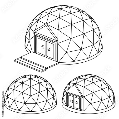 Vector illustration icons of geodesic dome structures in various stages of complexity on a white background