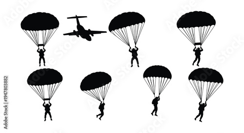 Silhouettes of skydivers and an airplane against a white background