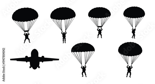 Silhouettes of skydivers and an airplane against a white background