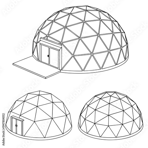 Vector illustration icons of geodesic dome structures in various stages of complexity on a white background