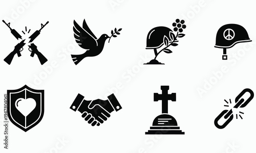 Collection of various peace and war symbols in black on white background
