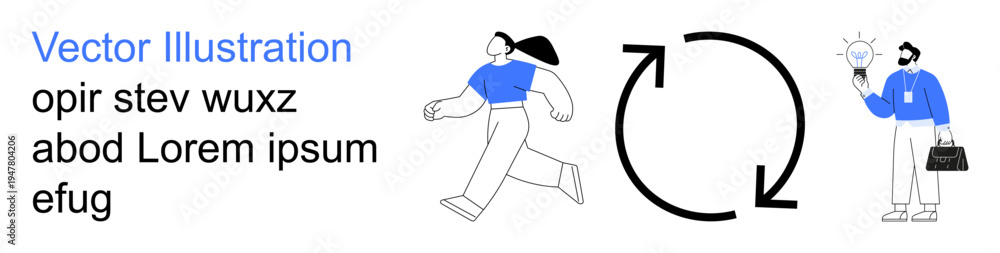 Fototapeta premium Business strategy, teamwork, workflow, innovation, idea generation, productivity. A person running, circular arrow icon and person holding a light bulb. Business strategy and teamwork concept