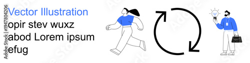 Business strategy, teamwork, workflow, innovation, idea generation, productivity. A person running, circular arrow icon and person holding a light bulb. Business strategy and teamwork concept