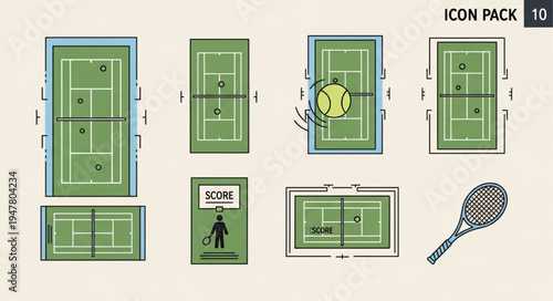 Collection of Tennis Court Illustrations and Tennis Racket.