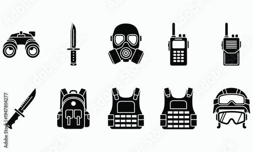 Military tactical gear and weapons icons including binoculars knife gas mask