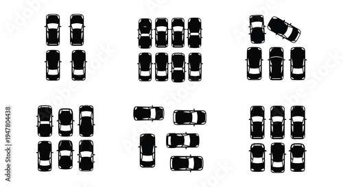 Overhead view displaying many black car silhouettes in a grid pattern