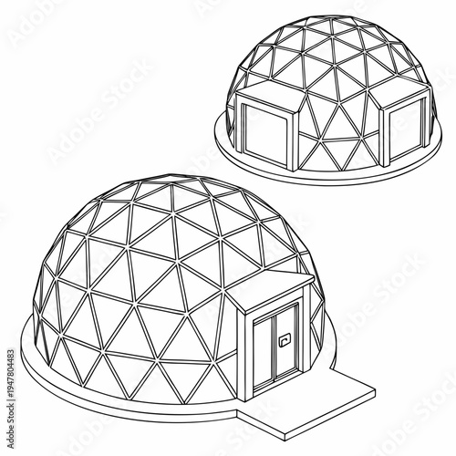Vector illustration icons of geodesic dome structures in various stages of complexity on a white background