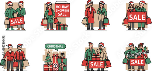 Christmas Holiday Shopping Sale Set with Couples Carrying Shopping Bags, Gift Boxes and Festive Retail Promotion Vector Illustration