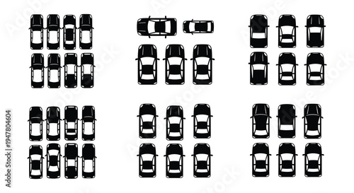 Overhead view displaying many black car silhouettes in a grid pattern