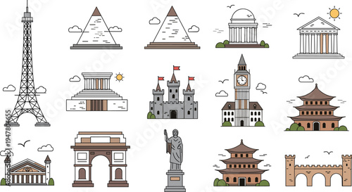 World Landmark Icon Set Featuring Eiffel Tower Pyramids Big Ben Temple Castle and Historic Monuments in Flat Travel Vector Style