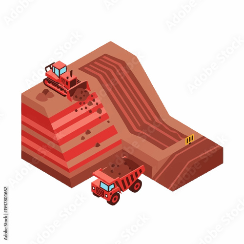 Isometric illustration of a mine with a bulldozer and a dump truck extracting minerals from a layered quarry.
