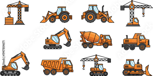 Construction Machinery and Heavy Equipment Set with Excavator, Bulldozer, Crane, Dump Truck and Cement Mixer Vector Illustration