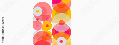 Abstract composition featuring overlapping circles. Pink, orange, yellow hues dominate white background. Simple geometric forms create visual rhythm.
