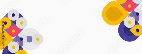 Abstract colorful shapes, circles, curves dominate composition. Minimalist design with white space. Modern aesthetic, vibrant hues present.