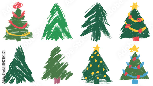 Collection of Hand-Drawn Christmas Trees with Decorations.