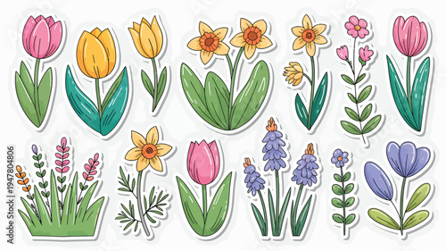 Collection of Hand-Drawn Spring Flowers and Plants Stickers.