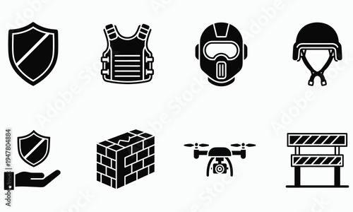 Collection of security and protection icons including shield, vest, helmet, drone, and barrier on white background