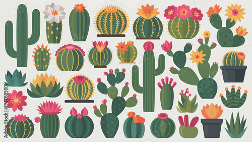 Collection of Various Cactus and Succulent Plants in Pots.