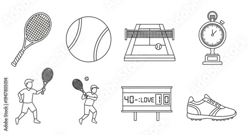 Tennis Equipment and Players in Black and White Line Art.
