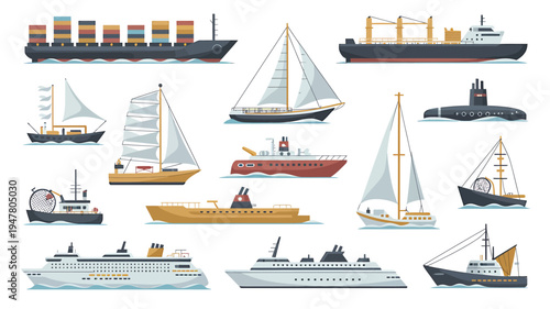Collection of Various Ships and Boats on Water.