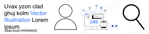 Online learning, education tools, digital search, user profiles, data access, e-learning systems. ion of LMS screen, user icon and magnifying glass. Online learning and education tools concept