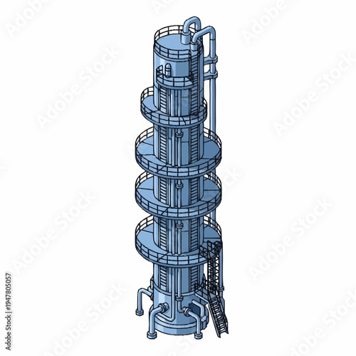 Isometric illustration of a tall industrial distillation column with multiple platforms and piping.