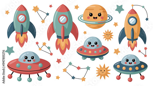 Cute Cartoon Space Objects and Planets Collection.