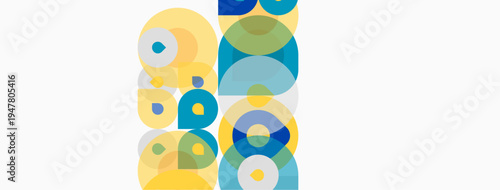 Abstract composition featuring overlapping circles. Yellows, blues create dynamic visual texture. Simple shapes suggest depth, movement.