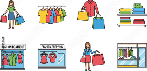 Fashion Shopping and Clothing Store Set with Woman Shopper, Clothes Rack, Boutique Window Display and Retail Fashion Vector Illustration