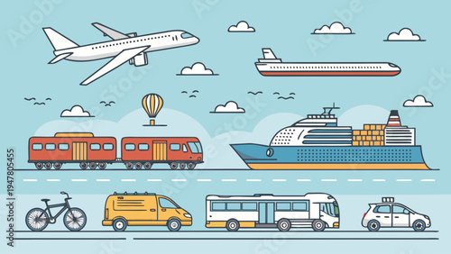 Flat line art illustration of diverse transportation methods airplane, ship, train, bus, car, bicycle, representing global travel, logistics, and urban mobility
