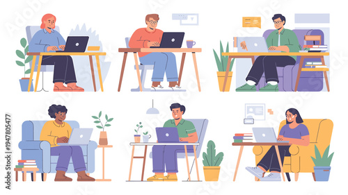 Diverse people working remotely on laptops in comfortable home office settings.