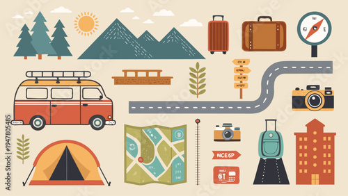 A charming collection of flat design travel icons, perfect for illustrating vacation adventures, road trips, and outdoor exploration with a vintage aesthetic