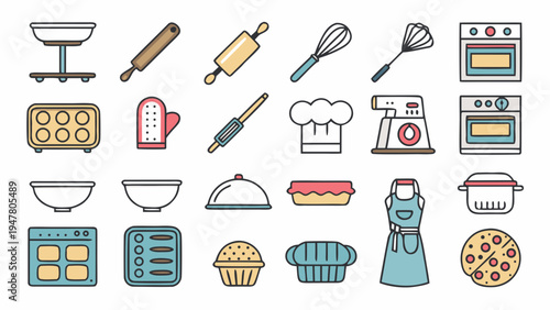 A comprehensive collection of colorful line art icons representing essential baking equipment and kitchen tools, perfect for culinary and food-related design projects and educational materials
