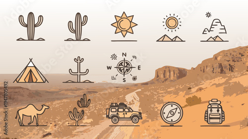Desert adventure travel icons sun, mountains, compass, cacti, tent. Arid landscape with expedition vehicle and camel, ideal for wilderness exploration