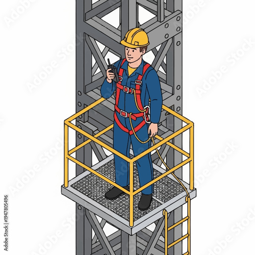 A construction worker wearing a safety harness and hard hat stands on a platform attached to a tall metal structure, holding a radio.