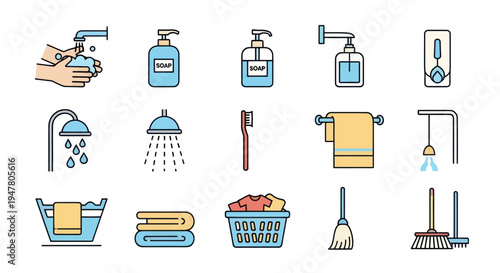 Bathroom cleaning supplies and tools.