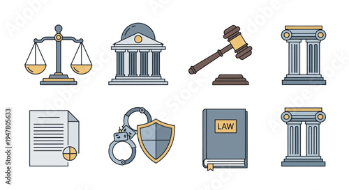Justice law and legal system icons.