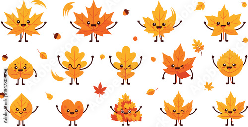 Cute Autumn Leaf Character Set with Happy Maple and Oak Mascots in Playful Cartoon Style for Seasonal Vector Design