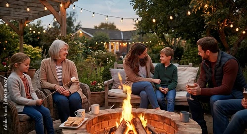 Multi generation family sitting around an outdoor fire pit in a cozy backyard evening setting, enjoying conversation, relaxation and warm atmosphere during a casual gathering at home.