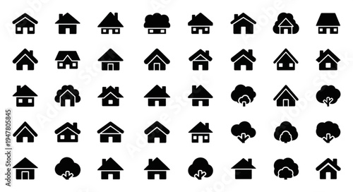 Collection of House and Home Icon Variations in Black Silhouette.